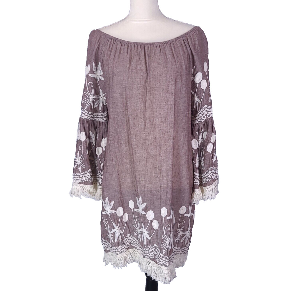 INDIGO SOUL Mauve Dress LG Embroidered Fringe Off The Shoulder Boho Chic Cotton